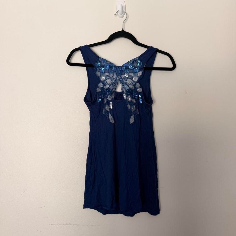 Y2K Kirra navy blue sequin butterfly back open detail tank top, S